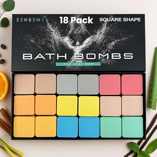 Bath Bombs for Men - Gift Set of 18 Square Shaped Handmade Natural Bath Bombs of 2.5 oz w/Essential Oils, Unique Manly Scents, for Boyfriend, Husband, Father - 18 Pack Square - Bloomnest