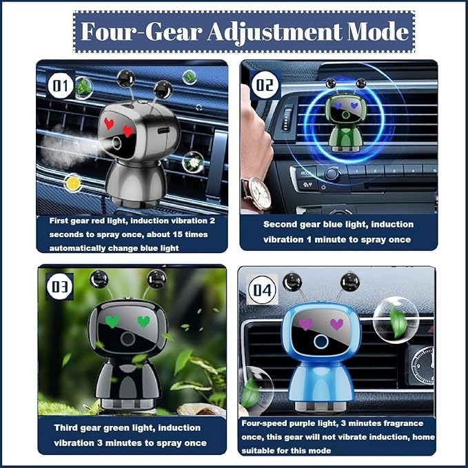 Robot Intelligent Aromatherapy Machine, Smart Cute Robot Car Air Freshener - Fine Spray/Fillable/Four-Gear Adjustment/Vibration Sensing/On-Off/Large Capacity Long-Lasting Fragrance/V3 (Blue, Ocean) - Bloomnest