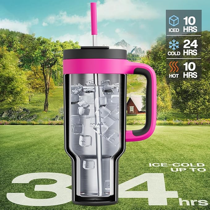 POWCAN 40 oz Tumbler with Handle, 2-in-1 Straw and Sip Lid, Leakproof, Dishwasher Safe, Insulated Stainless Steel Travel Coffee Mug, Keeps Cold for 34 Hours, Fits in Car Cup Holder (Berry) - Bloomnest