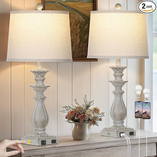 28" Farmhouse Table Lamps for Living Room Set of 2, 3-Way Dimmable Touch Bedside Lamps with USB C+A Ports & AC Outlet, Resin Vintage Tall Nightstand Lamps for Bedroom Office End Table, Grey - Bloomnest