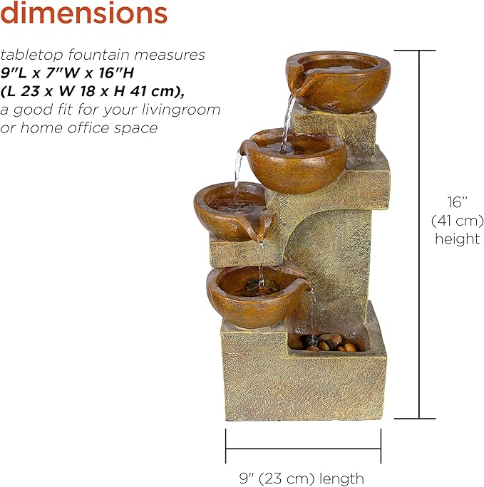 Alpine Corporation WCT726 Indoor/Outdoor Tabletop Tiered Pouring Pots Waterfall Fountain with Natural Stone Look, 16", Brown - Bloomnest