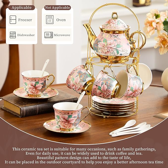 20 Pieces Porcelain Tea Set With Metal Holder, European Ceramic tea set for adults,Flower Tea Set,Tea Set For Women With Flower Painting (Large version, Pink) - Bloomnest