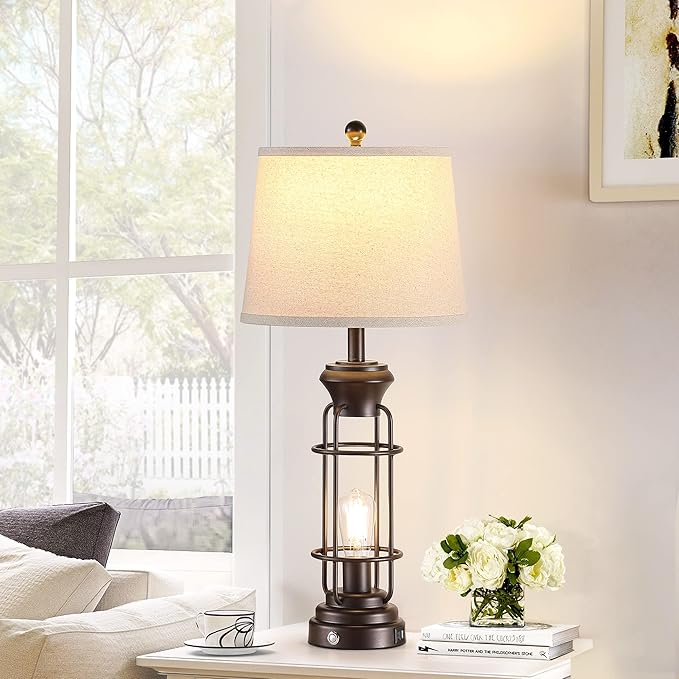 28.5" Farmhouse Lamps for Bedrooms Set of 2, Tall Table Lamps for Living Room with Dual USB Charging Port, Oil Rubbed Bronze Table Lamp with White Oatmeal Shade, Bulbs Included - Bloomnest