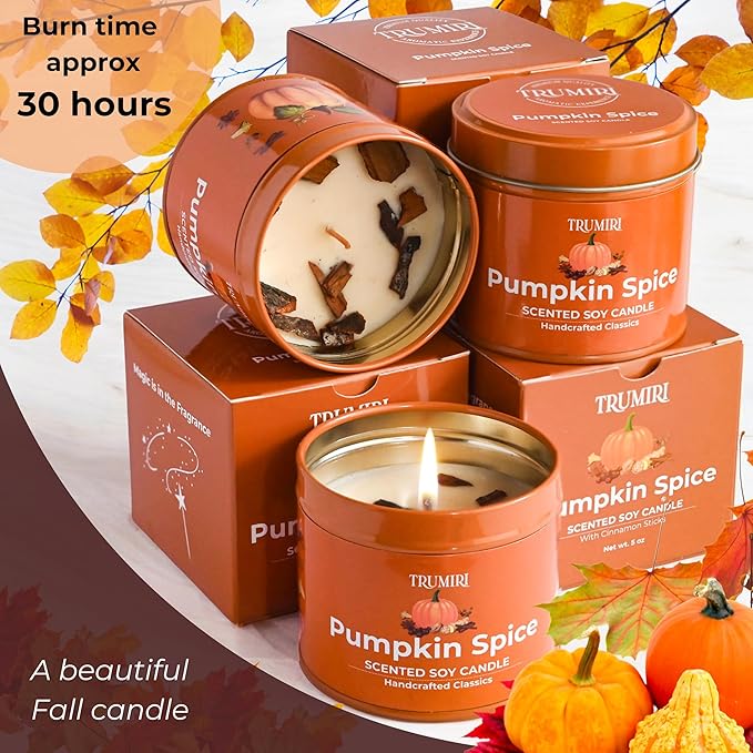Pumpkin Spice - Cinnamon Soy Candles for Home Scented - for Fall Halloween Thanksgiving Holidays - Pack of 3 x 5oz Natural Clean Non Toxic Long Lasting Highly Scented Candels with Essential Oils TRUMIRI