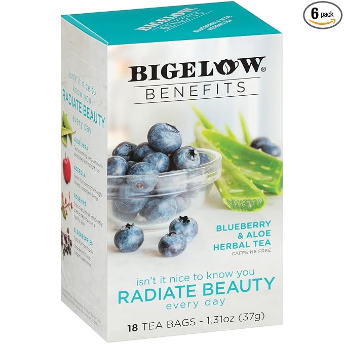 Bigelow Tea Benefits Radiate Beauty Blueberry and Aloe Herbal Teabags Box, Caffeine Free, 18 Count, Pack of 6 - Bloomnest