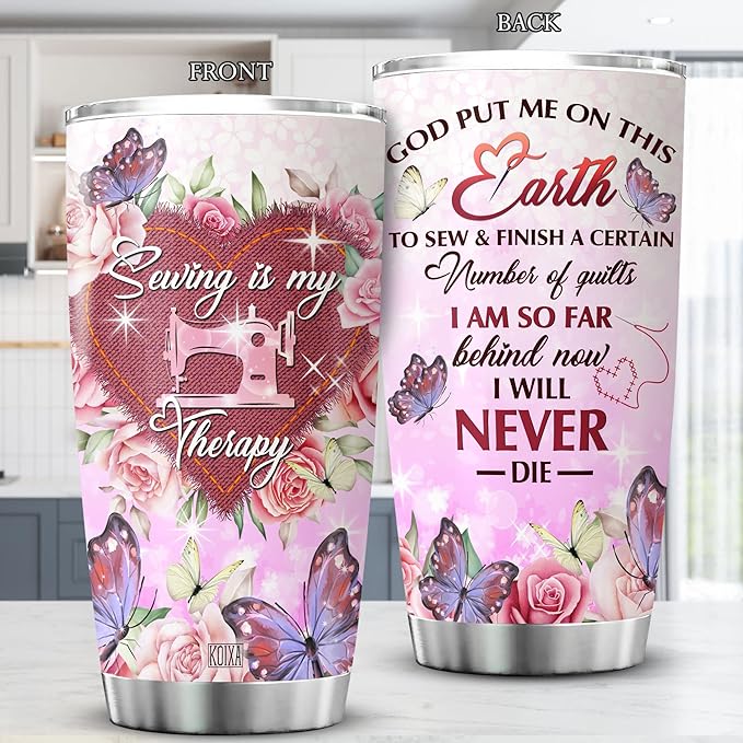 Sewing Is My Therapy Stainless Steel Tumbler 20 Oz Flower Butterfly Christmas Gifts For Quilters And Sewers Women Birthday Insulated Cup With Lid Coffee Mugs About Quilting - Bloomnest