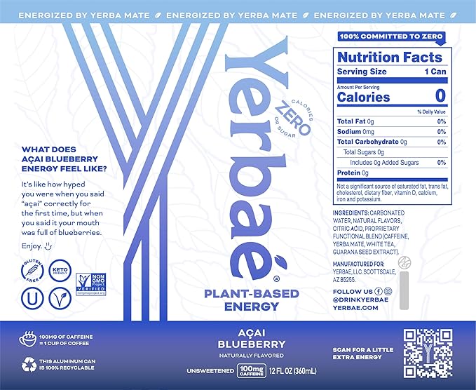 Yerbaé Energy Seltzer - Acai Blueberry, No Sugar/Calories/Carbs. Energized by Yerba Mate, Naturally Caffeinated, Plant-Based, Healthy Alternative to Coffee Sugary Sodas, Pack of 12, 12oz cans - Bloomnest