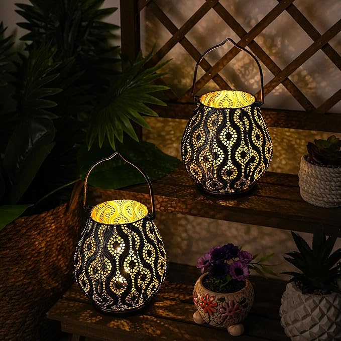 TRIROCKS Set of 2 Moroccan Decorative Lamps 8'' High Cordless Lamp Metal Table Lamps with Fairy Lights Bulb for Home Living Room Garden Yard Party Events Tabletop Indoor Outdoor(Black) - Bloomnest