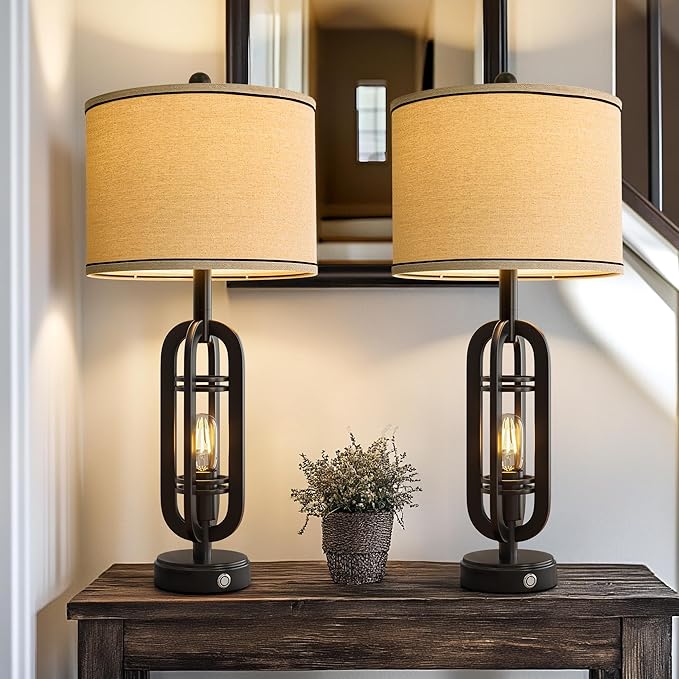 27.25'' Table Lamps Set of 2 for Living Room Bedroom Industrial Farmhouse Metal Touch Lamps with USB A+C Ports, Night Light Vintage Nightstand Bedside Lamp, Bulbs Included, Black - Bloomnest