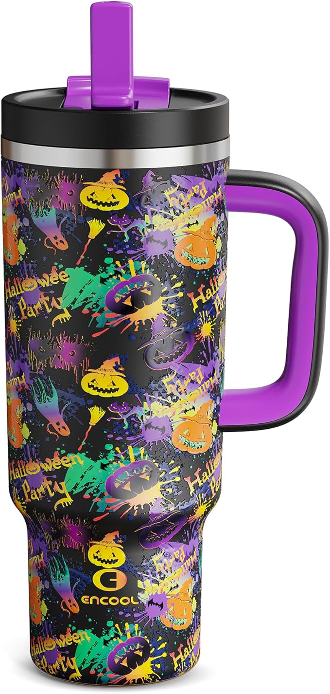 ENCOOL 40 oz Tumbler with Handle and Straw: Stainless Steel Insulated Tumbler Keeps Cold for 24 Hours, Leakproof Travel Cup Fits in Cup Holder and BPA-Free, Ghost Party ENCOOL