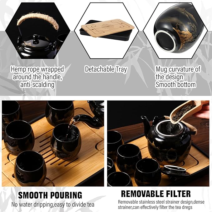 Hushee Japanese Tea Set in Gift Box Asian Porcelain Tea Set with 1 Teapot, 6 Cups, 1 Tray, 1 Stainless Infuser, Black Ceramic Chinese Teapot Christmas Winter Gift for Adult Lover - Bloomnest