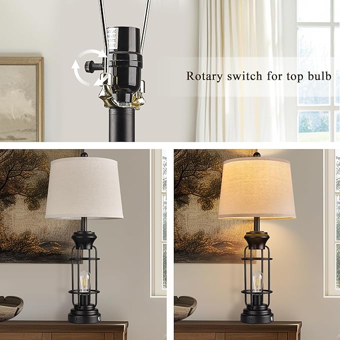 Black Table Lamps Set of 2, 28.5" Farmhouse Lamps for Living Room with USB C+A Ports, Touch Lamps for Bedroom, LED Bulbs Included - Bloomnest