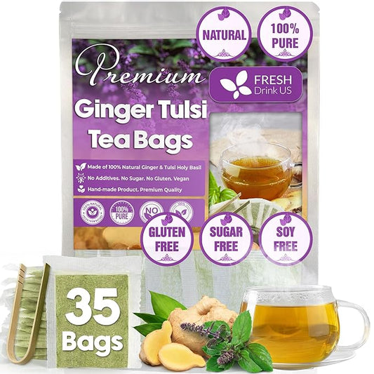 FreshDrinkUS, Premium 35 Ginger Tulsi Tea Bags, 100% Natural, Hand-made Blend of Ginger and Tulsi Holy Basil Leaves, Eco-conscious Tea Bags. Ginger Tulsi Herbal Tea. No Sugar, No Caffeine, Vegan. - Bloomnest
