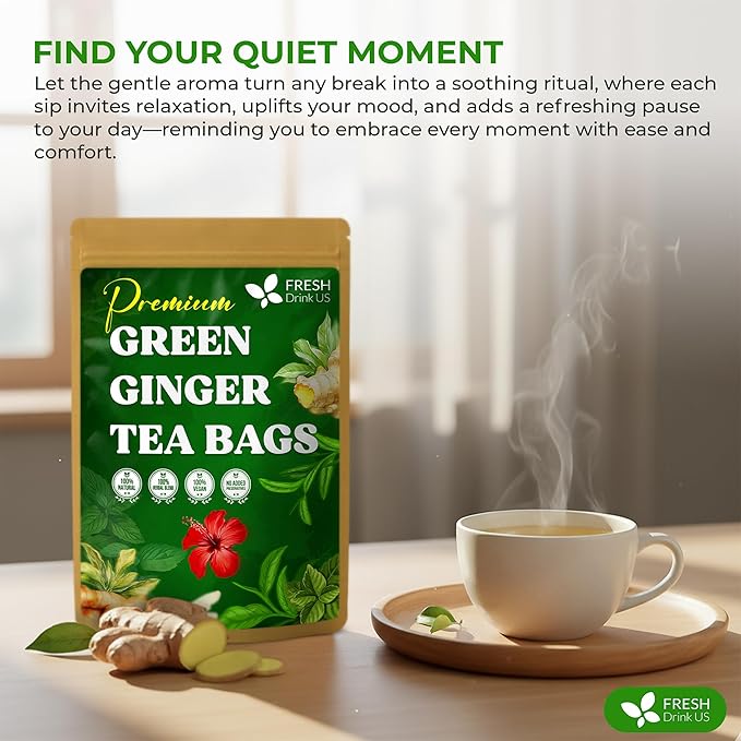 FreshDrinkUS, Premium Green Ginger Tea | 135 Tea Bags | Sencha Green Tea with Ginger, Lemongrass, Turmeric, Hibiscus & Peppermint | Natural Herbal Blend | Comfort & Refreshing, Vegan - Bloomnest