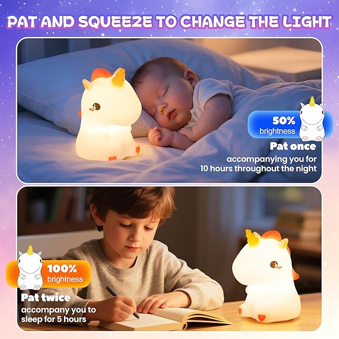 Night Light for Kids, Rechargeable Dimmable Silicone LED Nightlight with 7 Colors, Baby Nursery Night Lamp, Touch Squishy Lamp, Cute Gifts for Girls, Boys, Toddler Room Decor, Unicorn - Bloomnest
