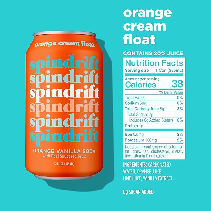 Spindrift "Orange Cream Float" Orange Vanilla Soda Made with Real Squeezed Fruit 12 Pack Case - Bloomnest