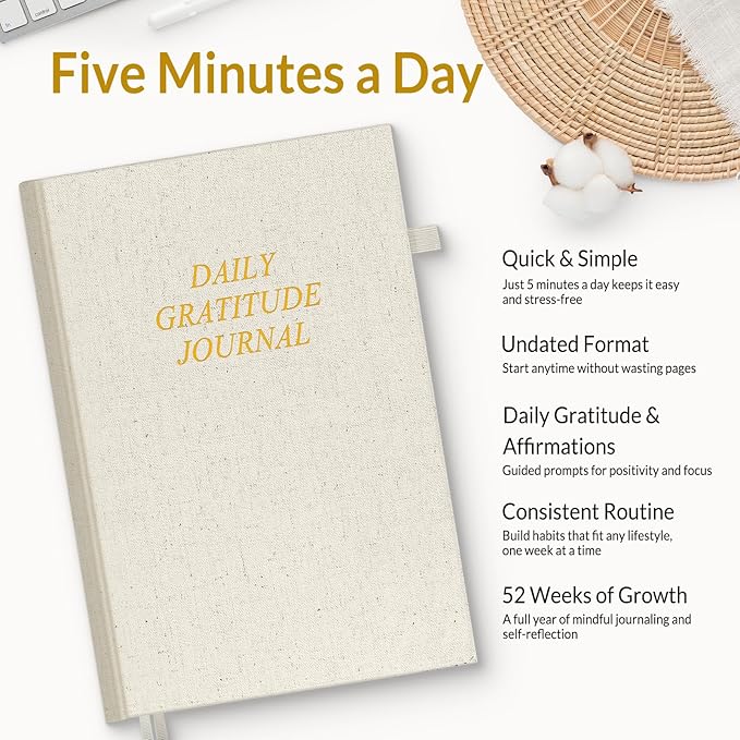 SUNEE Daily Gratitude Journal – 52 Weeks Simple 5 Minute Journal for Daily Reflection, Build Positivity and Mindfulness, Undated Minimalist Planner for Women & Men (Beige)