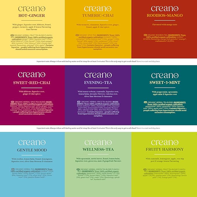 Creano Organic Herbal Tea Sampler Gift Set - Tea Gift Box - 27 Organic Tea Bags in 9 Different Varieties 54 g - Bloomnest