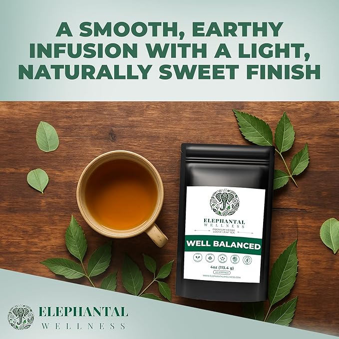Elephantal Wellness Premium Well Balanced Herbal Tea | Healthy Cortisol, Adaptogenic Stress Energy Support with Ashwagandha, Goji, Reishi, Holy Basil & Lion’s Mane, Caffeine-Free, Non-GMO, 4 oz - Bloomnest