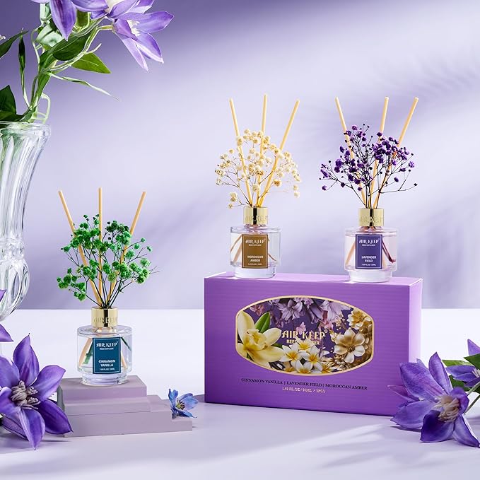 Airkeep Reed Diffuser Set of 3, Cinnamon Vanilla Lavender Field Moroccan Amber Oil Reed Diffusers for Bedroom Living Room Office Aromatherapy Oil Reed Diffuser for Gift 50ml x 3 - Bloomnest