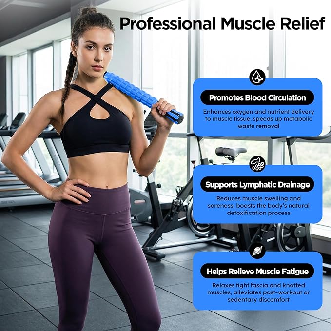 Muscle Roller & Massage Roller Stick for Athletes - Lymphatic Drainage Support, Relieves Muscle Soreness, Cramping & Tightness - Targets Legs, Arms, Back & Calves （Blue - 18inch） - Bloomnest