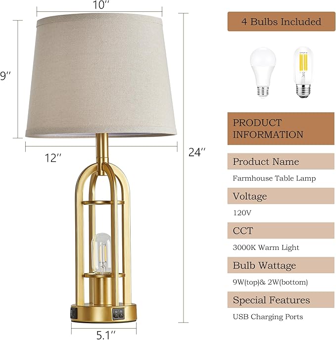Gold Table Lamps for Living Room Set of 2 - Modern Farmhouse Bedside Lamps for Bedroom Night Stands with Nightlight and USB A+C, Industrial Lamp for Living Room End Tables - Bloomnest
