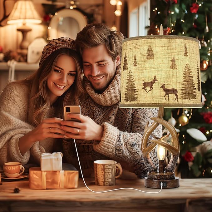 Scenekoy Rustic Farmhouse Antlers Table Lamp Set of 2 with Nightlight Dual USB Ports Linen Fabric Round Shade Bedside Lamp Decor for Living Room Bedroom Office House - Bloomnest