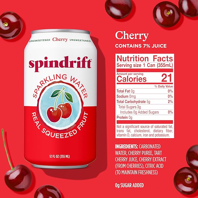 Spindrift Sparkling Water, Cherry Flavored, Made with Real Squeezed Fruit, 12 Fl Oz Cans, Pack of 24 (Only 21 Calories per Can) - Bloomnest