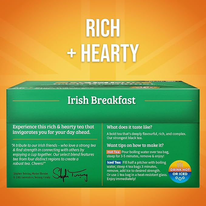 Twinings Irish Breakfast Black Tea Individually Wrapped Bags, 50 Count (Pack of 6), Flavourful, Bold, Robust, Caffeinated, Enjoy Hot or Iced, 300 Teabags - Bloomnest