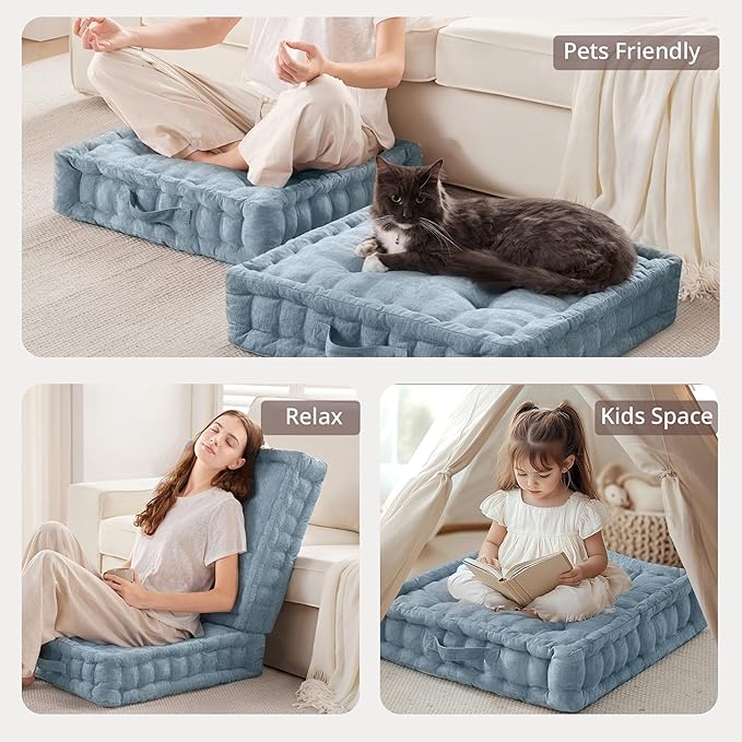 Intelligent Design Large Floor Pillow for Adults Yoga or Meditation Cushion with Handle, Floor Cushion for Board Games, Lustrous Chenille Tufted, Handsewn Scalloped Edge, Azza, 24" x 24" x 5" Aqua