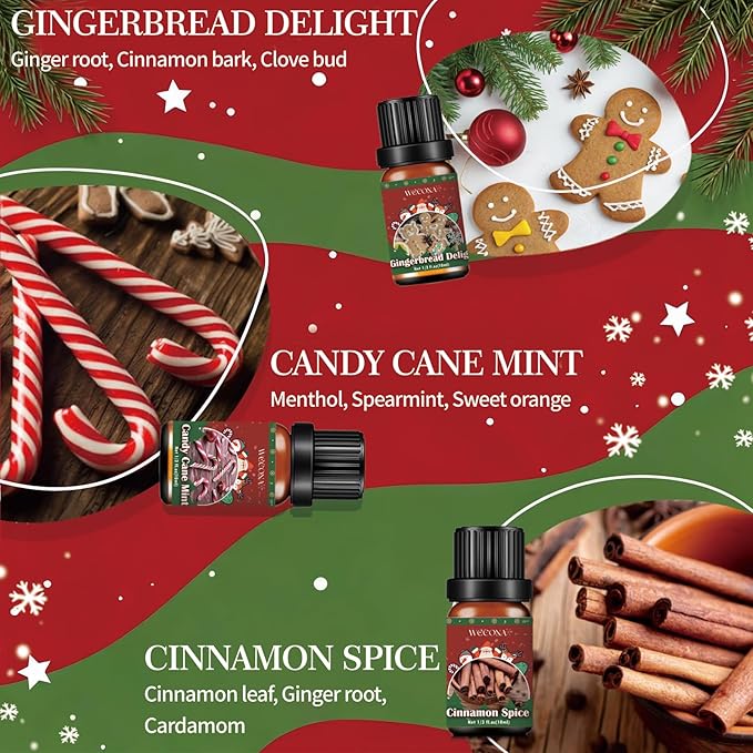 Christmas Essential Oils for Diffuser - Holiday Essential Oils Gift Set, 6 x 10ml Christmas Scents Including Gingerbread, Candy Cane, Apple Cider and More - Winter Diffuser Oils for Home - Bloomnest