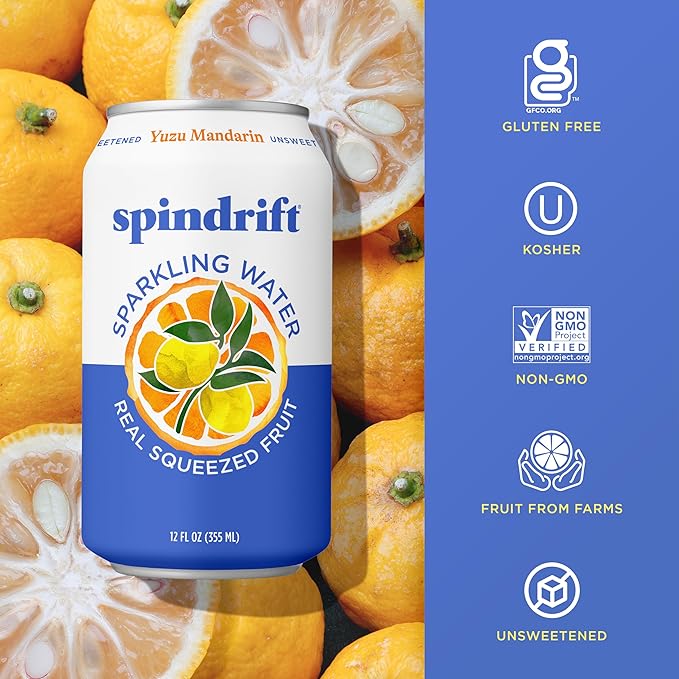 Spindrift Sparkling Water, Yuzu Mandarin Flavored, Made with Real Squeezed Fruit, 12 Fl OZ Cans, Pack of 24 (Only 6 Calories per Can) - Bloomnest
