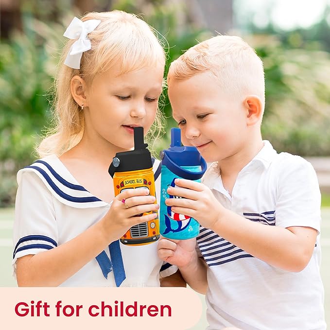 School Bus Water Bottle - Kids Water Bottle with Straw Lid - 12 Oz Insulated Stainless Steel Water Bottles for Kid Boys - Travel Cup for School Sports - Bloomnest