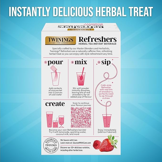 NEW Twinings Strawberry Raspberry Refreshers, Herbal Tea Instant Beverage, Real Strawberry Fruit Bits, 5 Count (Pack of 6), Café Style, No Artificial Sweeteners, Naturally Caffeine-Free, 30 Packets - Bloomnest