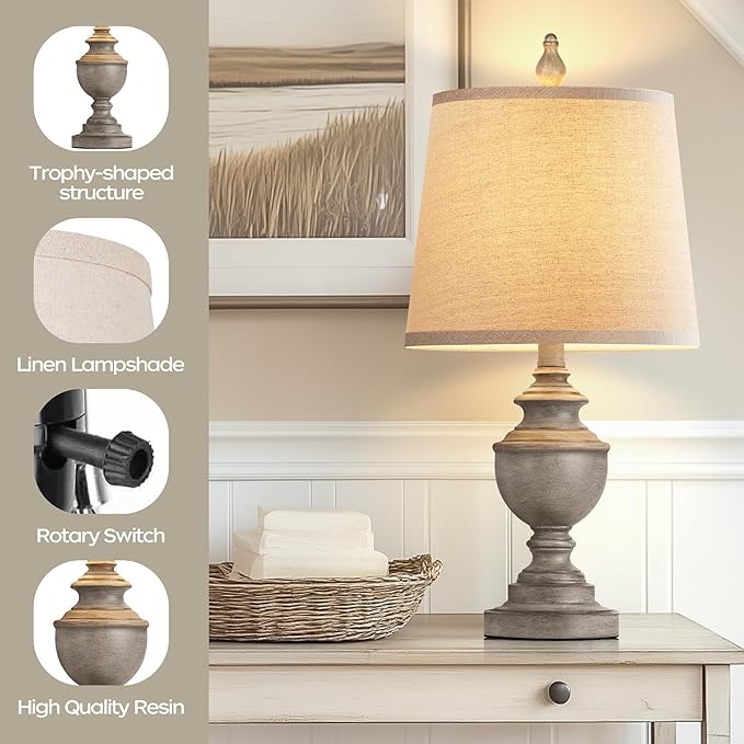 PARTPHONER Retro Table Lamps Set of 2, Bedside Lamp for Bedroom Rustic Farmhouse Table Lamps for Living Room, 22" Vintage Nightstand Lamps with White Shades, Antique Grey - Bloomnest