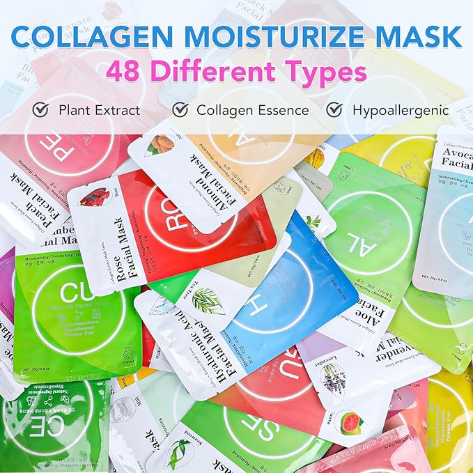 VESPRO Collagen Essence Sheet Facial Masks (48 Pack), Bulk Sheet Masks for Face, Skincare for All Skin Types, Moisturizing and Soothing, Natural Skin Care Spa Face Mask - Bloomnest