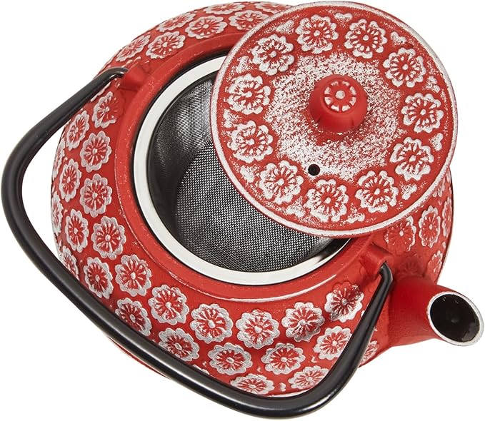 Juvale Red Floral Cast Iron Teapot Kettle - Superior Heat Retention & Stovetop Tea Kettle - Built-In Infuser & Loose Leaf Tea Pot - Red, 34 oz