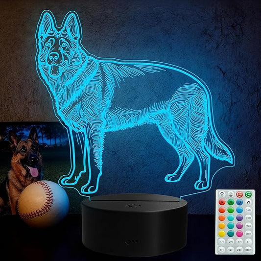 German Shepherd Night Light, German Shepherd Gifts, 3D Illusion Lamp with Remote Control, 16 RGB Colors, 4 Flashing Modes, Timer, Dimmable, Kids Room Dog Decoration for Holiday Birthday Christmas - Bloomnest