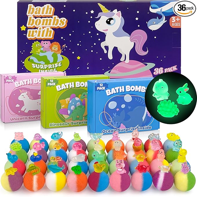 Bath Bombs for Kids with Toy Inside, 36 Pcs Bath Bombs with Glow in The Dark Dinosuar, Animal and Ocean Surprise Inside, Handmade Organic Bubble Bath Ball Gift Set for Birthday, Easter, Christmas - Bloomnest