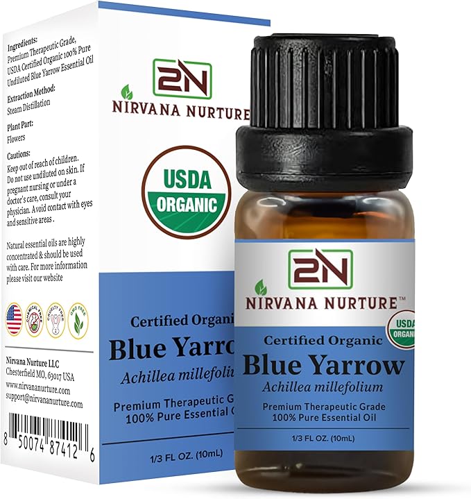 Blue Yarrow Essential Oil, USDA Certified Organic, 100% Pure Undiluted, Aromatherapy Oil for Diffuser, Hair & Skin Care NirvanaNurture