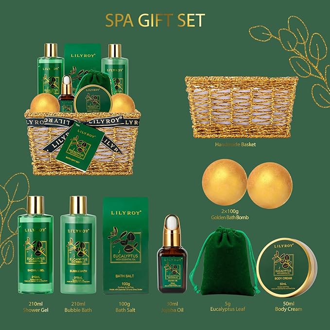 Bath and Body Gift Basket for Valentines Day Gifts - 10-Piece Eucalyptus Luxury Spa Set for Women & Men, Relaxation Ideal for Mothers Day, Fathers Day, Birthday, Christmas Gift for Her & Him - Bloomnest