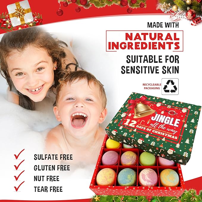 Christmas Bath Bombs for Kids with Surprise Toys Inside - Kids Advent Calendar Bathbombs - 12 Pack Organic Bath Bombs Gift Set, Moisturizing Bubble Bath Fizzies, Gifts for Boys, Girls, Toddler - Bloomnest