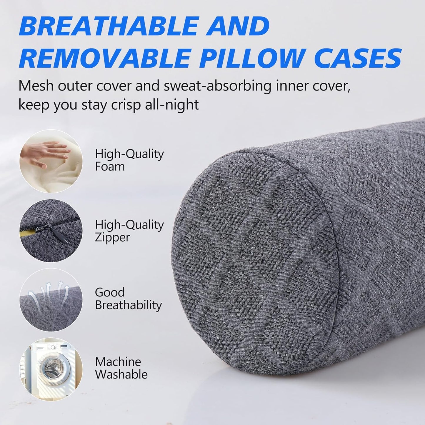 Cozyhealth Cervical Roll Pillow, Medium Soft Memory Foam Neck Round Pillow Cylinder Bolster Pillow for Sleeping, Round Neck Support for Bed, Legs, Back and Yoga (Grey, Large - 4.7" H)