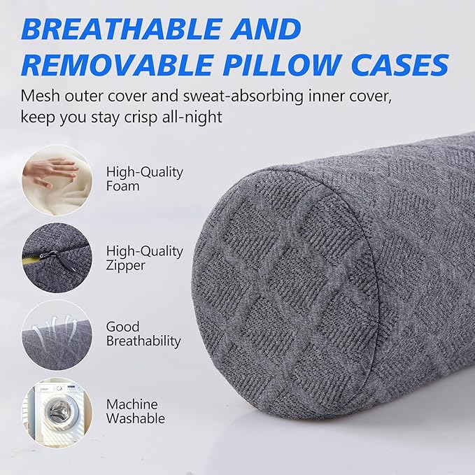 Cozyhealth 3.1" H Small Cervical Roll Pillow, Medium Soft Memory Foam Neck Round Pillow Cylinder Bolster Pillow for Sleeping, Round Neck Support for Bed, Legs, Back and Yoga (Grey, Small - 3.1" H) - Bloomnest