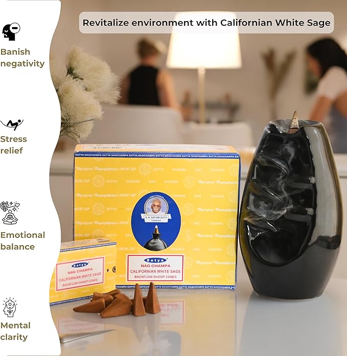 Californian White Sage Backflow Incense Cones for Waterfall Aromatic Smoke Fountain Haze Falls and Mat Bundle - Pack of 12 TRUMIRI