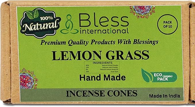 Bless International Lemon Gras 100%-Natural-Incense-Cones Handmade-Hand-Dipped Organic-Chemicals-Free for-Purification-Relaxation-Positivity-Yoga-Meditation The-Best-scents (10 Count) BlessInternational