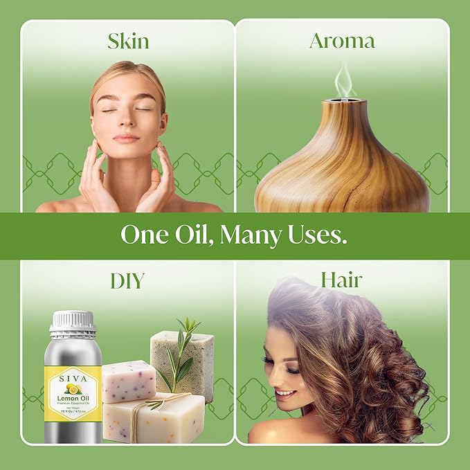 Siva Lemon Essential Oil - 16 Fl Oz – 100% Natural Lemon Oil - for Diffuser, Face, Skin Care, Aromatherapy, Hair Care, Scalp and Body Massage SIVAOrganics