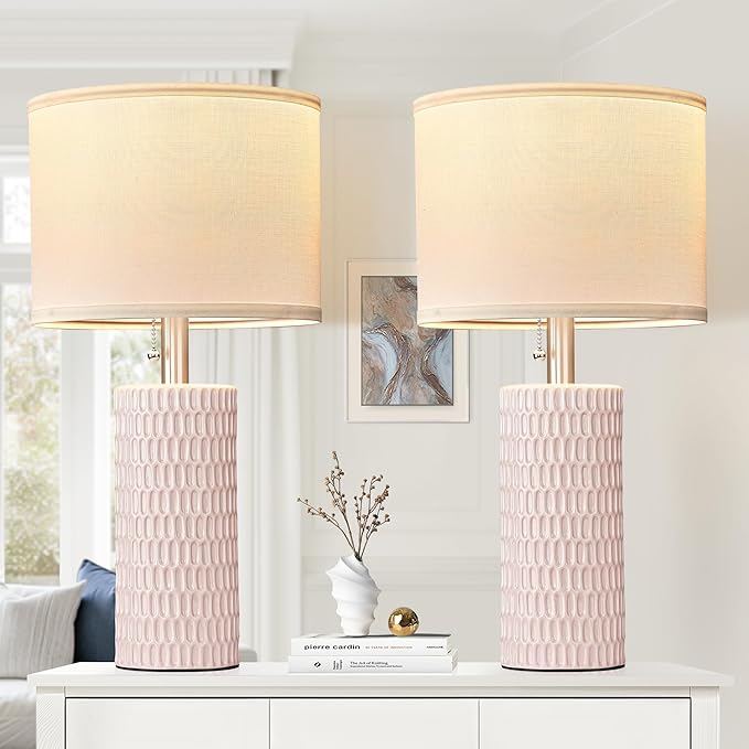 Table Lamps for Living Room Set of 2, Ceramic Table Lamps for Bedroom, 20" Modern Lamps for Night Stands, Pink - Bloomnest