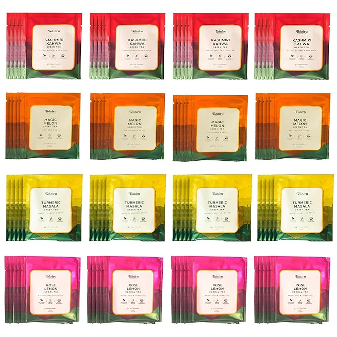 Teaniru, Green Tea Sampler - Christmas Tea Flavors, Box of 100 Pyramid Tea Bags in Individual Sachets | 4 Flavored Green Tea - Turmeric Ginger, Rose Lemon, Magic Melon & Kashmiri Kahwa | Brew Hot or Iced Tea - Bloomnest