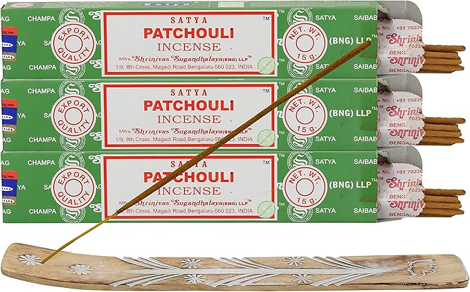 Satya Patchouli Incense Sticks, Satya Bng (Bangalore) Insenses 15gmx3 Pack (45 GMS) with Raajsee Incense Holder Bundle, Satya Nagchampa Natural Incense - Bloomnest